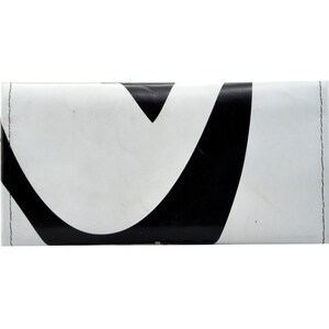 May include: A white wallet with a black abstract design. The wallet has a flap closure and a silver snap.