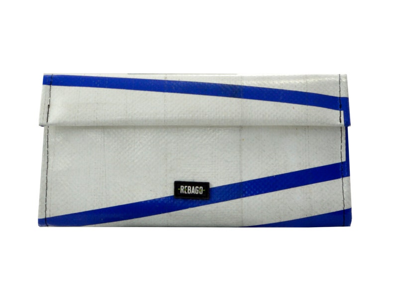May include: White wallet with blue stripes and the word "REBAG" printed on the front.