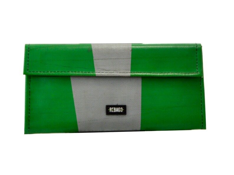 May include: A green and grey striped wallet with the word "REBAGGO" printed on the front.