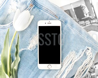 Blue Denim + White Tulip Styled Stock Photo | iPhone Mockup (Digital Image / Styled Photos / Stock Images / Blog Stock / Blog Image)