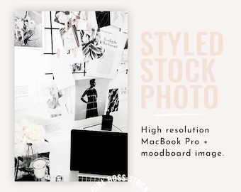 Neutral Desktop Styled Stock Photo | MacBook Computer + Moodboard (Digital Image / Styled Photos / Stock Images / Blog Stock / Blog Image)