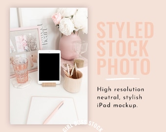 Pink Floral Moodboard Desktop Styled Photo / iPhone iPad Mockup (Immagine digitale / Foto in stile / Immagini stock / Blog Stock / Immagine blog)