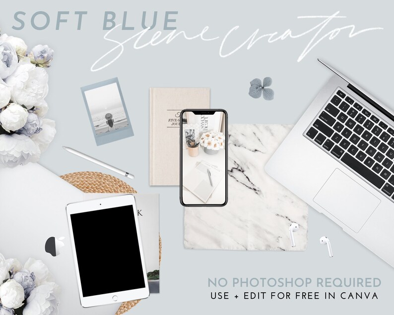 Soft Blue Product Tech Mockups Scene Creator Canva iPhone, iPad, and iMac Laptop Mockups, Accessories, Transparent PNG with Shadow image 1