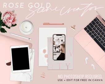 Rose Gold Product Mockups + Scene Creator (Canva) | iPhone, iPad, and Laptop Mockups, Accessories, Transparent PNG with Shadow