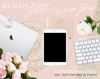 Blush Tech + Product Mockups + Scene Creator (Canva) | iPhone, iPad, and Laptop Mockups, Accessories, Transparent PNG with Shadow