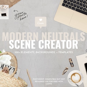 Modern Neutrals Scene Creator | Moodboard + Tech Mockups for Canva | iPhone, iPad + MacBook Mockup, Accessories, Transparent PNG with Shadow