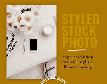 Neutral Desktop Styled Stock Photo | iPhone Floral Mockup (Digital Image / Styled Photos / Stock Images / Blog Stock / Blog Image)