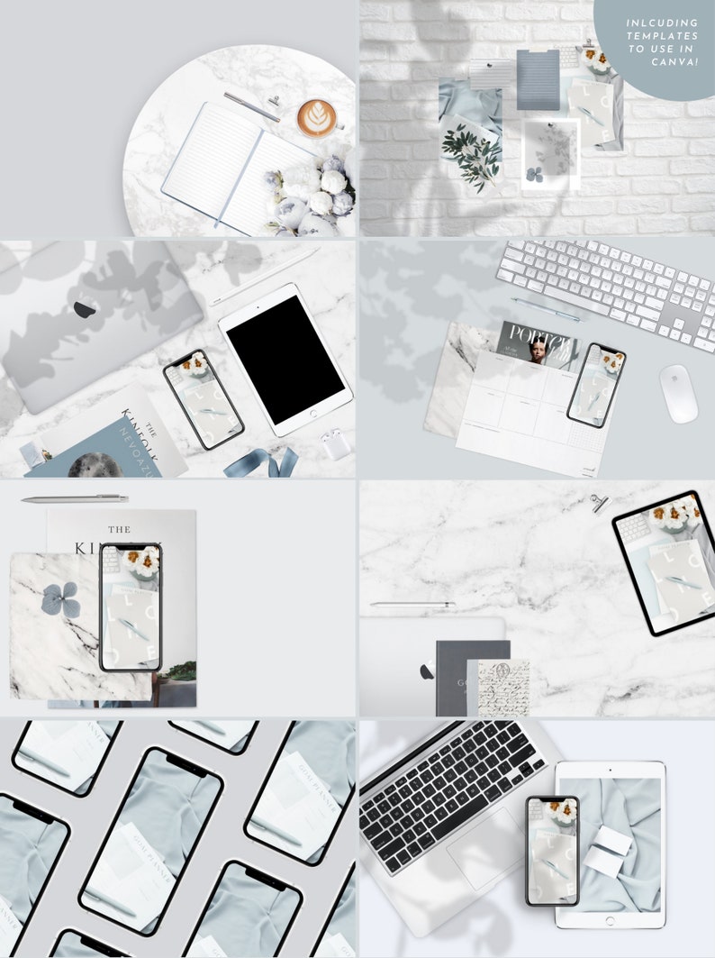 Soft Blue Product Tech Mockups Scene Creator Canva iPhone, iPad, and iMac Laptop Mockups, Accessories, Transparent PNG with Shadow image 2