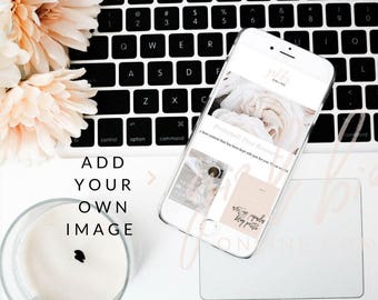 Peach and Floral Styled Stock Photo | iPhone Mockup Laptop Keyboard (Digital Image / Styled Photos / Stock Images / Blog Stock / Blog Image)