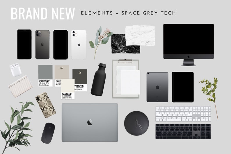 Silver Space Grey Product Mockups Scene Creator Canva iPhone, iPad, and Laptop Mockups, Accessories, Transparent PNG with Shadow image 3