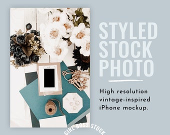 Blue and Floral Styled Stock Photo | iPhone Tech Mockup (Digital Image / Styled Photos / Stock Images / Blog Stock / Blog Image)