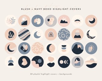 Blush + Navy Boho Moon Disegnato a mano Instagram Highlight Covers / Illustrazione / Line Art / Icone dei social media / Icone della storia / Storie Insta