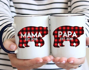 Mama Bear Mug, Papa Bear Mug, New Parents Gift, Mama Bear Papa Bear Mugs, Buffalo Plaid Mug, New Dad Mug - Set of 2 Mugs - Items 6172 & 6173