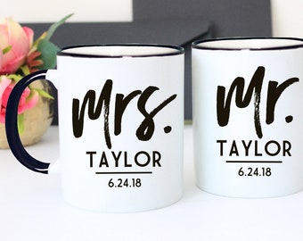 Mr and Mrs Mugs, Wedding Date Mugs, Just Married Mugs, Mr and Mrs Gifts, Husband Wife Mugs, Just Married - Set of 2 Mugs - Items 6182 & 6183