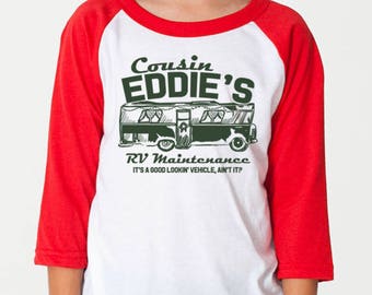 Children's Baseball T Shirt - Cousin Eddie's RV Maintenance Shop - Funny Christmas Shirt - Unisex Kid's Baseball Tee - Item 2706 - Green Ink