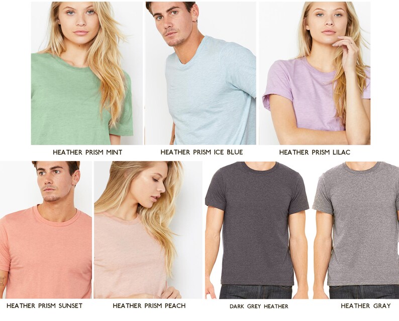 Puede incluir: Un conjunto de diez camisetas en varios colores, incluyendo heather prism mint, ice blue, lilac, sunset, peach, dark grey heather y heather grey.