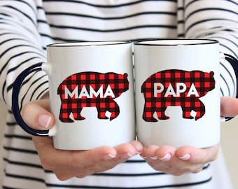 Papa Bear Mug, Mama Bear Mug, New Parents Gift, Mama Bear Papa Bear Mugs, Buffalo Plaid Mug, New Dad Mug - Set of 2 Mugs - Items 6171 & 6170