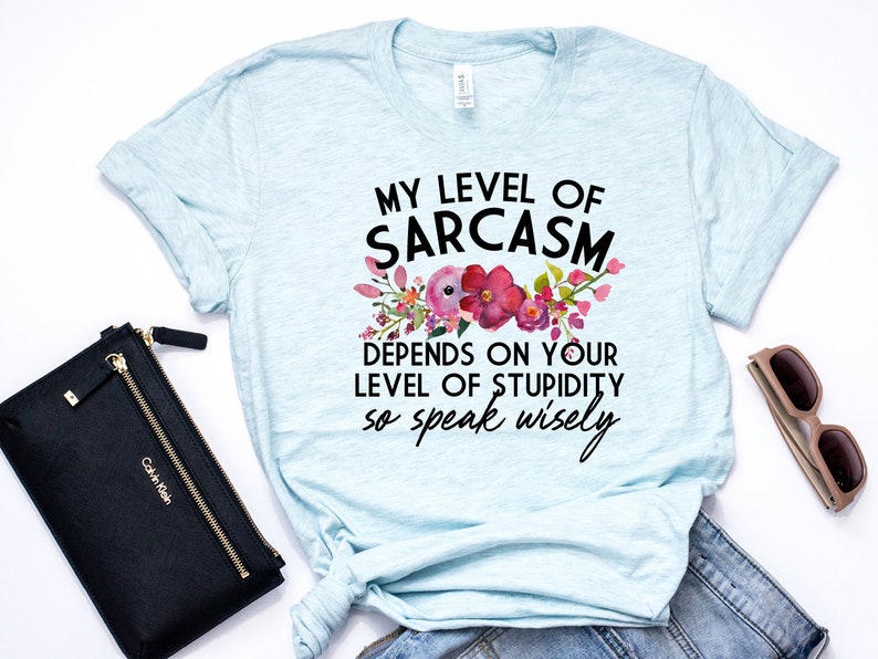 May include: Light blue t-shirt with a floral design and the text "MY LEVEL OF SARCASM DEPENDS ON YOUR LEVEL OF STUPIDITY so speak wisely".