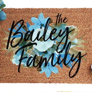 Last Name Doormat, Personalized Welcome Mat, Custom Doormat, Family Name Doormat, Housewarming Gift, Personalized Floral Coir Mat - Item 163