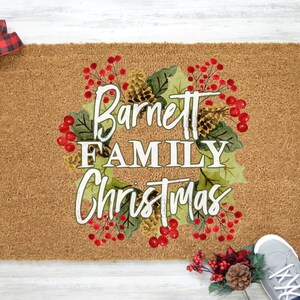 Family Christmas Doormat, Personalized Welcome Mat, Family Name Doormat, Personalized Door Mat, Christmas Wreath Doormat - Item 159