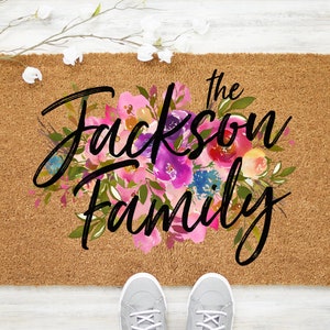Family Name Doormat, Housewarming Gift, Last Name Doormat, Personalized Welcome Mat, Custom Doormat, Personalized Floral Coir Mat - Item 162