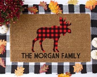 Custom Family Name Doormat, Cabin Doormat, Moose Doormat, Buffalo Plaid, Red Buffalo Check, Personalized Welcome Mat - Item 142