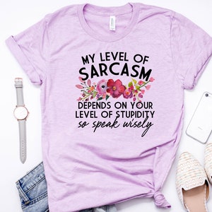 May include: A light purple t-shirt with the text "My level of sarcasm depends on your level of stupidity so speak wisely" and a floral design.