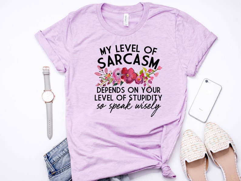 May include: A light purple t-shirt with the text "My level of sarcasm depends on your level of stupidity so speak wisely" and a floral design.