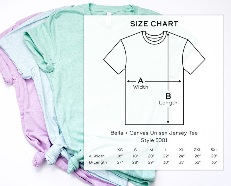 以下が含まれることがあります： Bella + Canvas ユニセックスジャージーTシャツスタイル3001のサイズチャート。チャートは、XS、S、M、L、XL、2XL、3XLのサイズについて、幅と長さをインチで示しています。