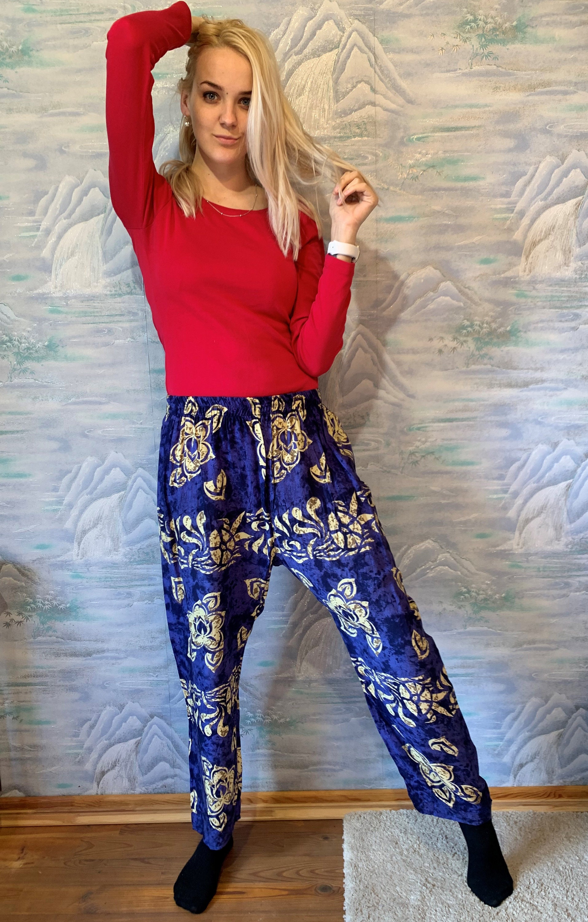 Vintage Comfortable Summer Pants Blue Abstract Pants Festival Clothing Yoga Trousers Plants Home Trousers Vacation Trousers Size Medium