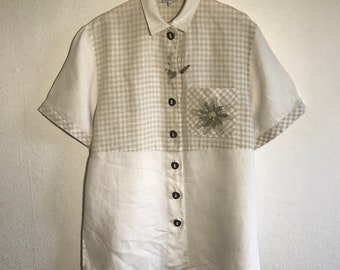 Women's Linen Dirndl Shirt Vintage Austrian Shirt Plaid Short Sleeve Shirt Checkered Folk Traditional Bavarian Shirt Size Large Blouse