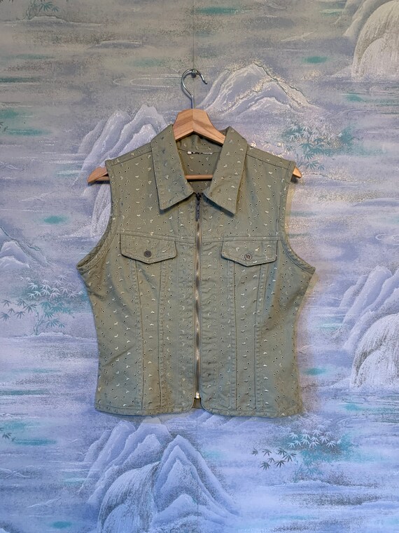 Vintage Women Embroidered Mint Denim Vest Medium … - image 6