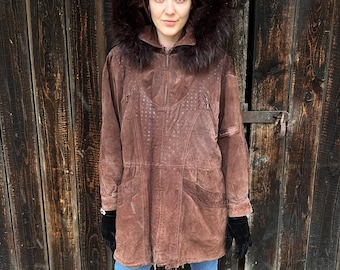 Vintage Women's Suade Leather Parka Coat Brown Coat Fur Trim Parka Coat Medium to Large Size Winter Hipster Jacket Detachable Hood Coat