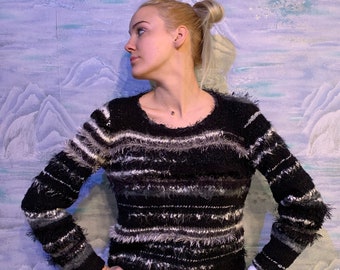 Vintage Fuzzy Black Striped Knitted Sweater Women's Long Sleeves Hipster Fuzzy Sweater Festival Size Medium Romantic Jumper