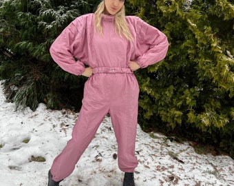 Vintage Pale Pink Ski Suit Women One Piece Snowsuit Hipster Ski Suit Winter Wear Snow Gear Snowboard Suit Jumpsuit  Medium Size