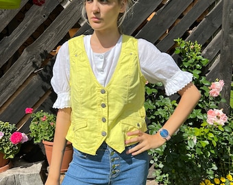 Vintage Denim Pale Yellow Vest Women Denim Vest Large Size Denim Vest Yellow Jeans Vest Button Up Vest Sleeveless Denim Jacket