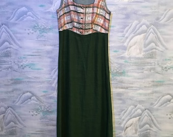Vintage Dirndl Dress German Austrian Dress Green Checkered Linen Cotton Folk National Costume Checkered Oktoberfest Medium Size Dress