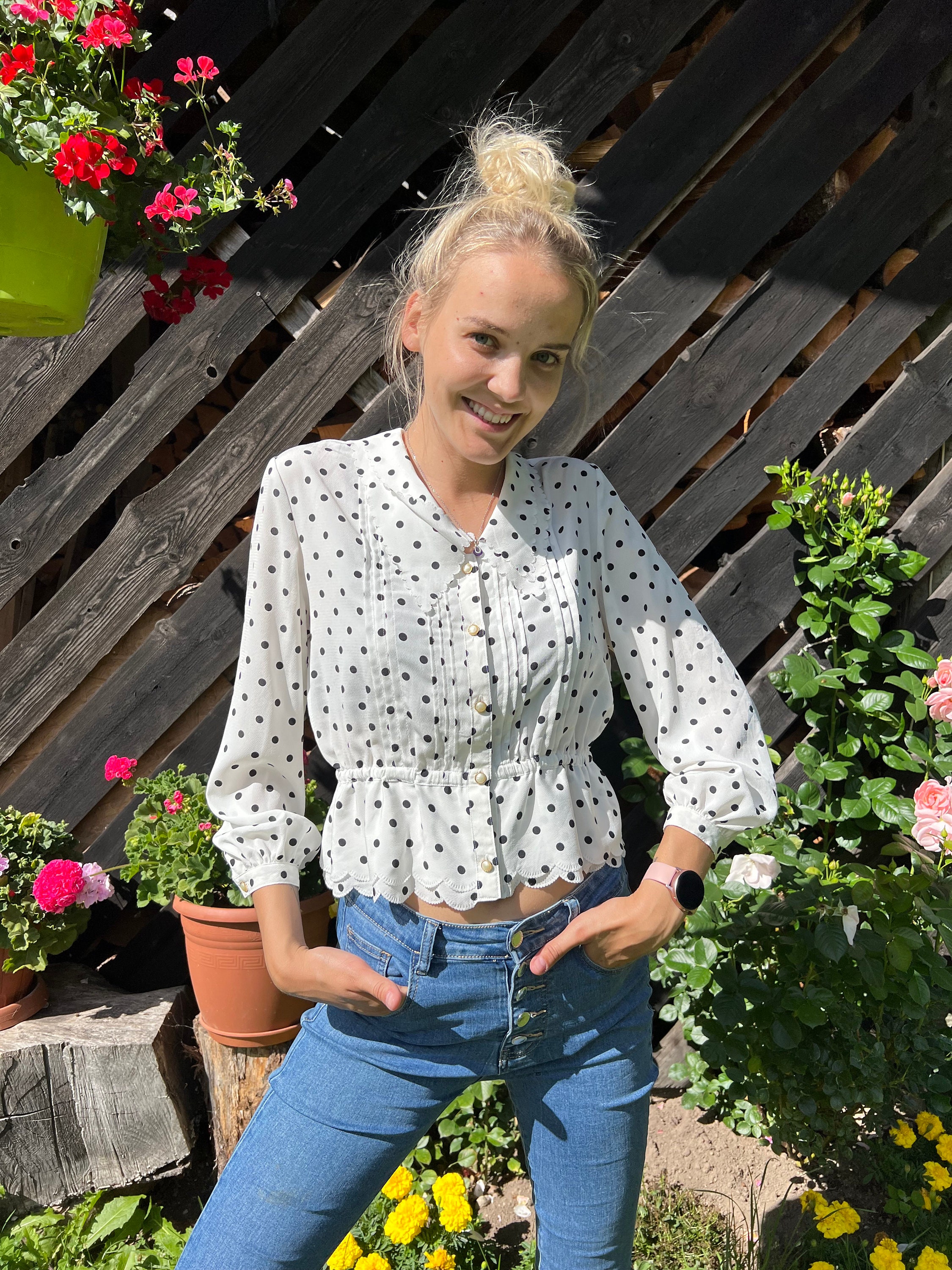 Vintage Women's Ivory White Dots Shirt Balloon Style Comfortable