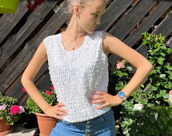 Vintage 80s Ivory White Blouse Sleeve less Blouse Beige Polyester Top Women Summer Embroidered Top Summer Blouse Ivory Tank Top Medium Size
