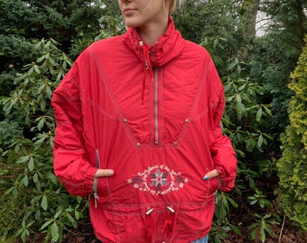 Vintage Windbraker Pullover Jacket Red Jacket Hipster Winter Activewear Sport Jacket Large to Extra Large Size Sport Jacket Killtec Jacket