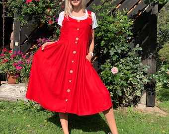 Vintage Linen Viscose Dirndl Dress German Austrian Red Dress Bavarian Folk National  Oktoberfest Medium to Large Size Sarafan Dress