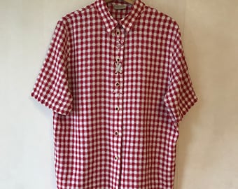 Vintage Austrian Shirt Women's Dirndl Blouse Plaid Short Sleeve Shirt Checkered Folk Traditional Bavarian Shirt Size Large Trachten Blouse