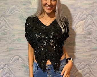 Vintage Embroidered Silk Sequins Top Butterfly Shirt Summer Festival Blouse Size Medium Midriff Shirt