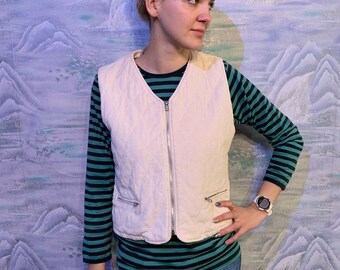 Ivory QUILTED Cordyroy Vest Beige Vest Insulated Home Waistcoat Ivory Warm Vest Women Camping Vest Zipped Waistcoat Size Medium
