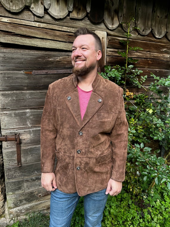 Vintage Mens Loden Jacket Brown Suede Leather Traditional Folk