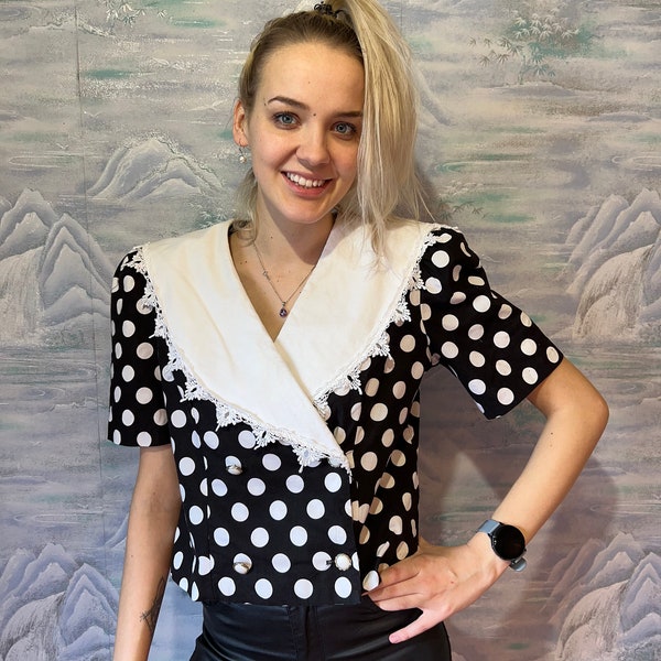 vintage Bleu Foncé Blanc Polka Dot Blouse Gigant Collar Blouse Manches Courtes Inhabituelle Party Oldschool Blouse Taille Moyenne