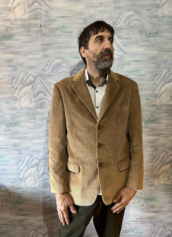 Blazer in tweed di velluto a coste marrone vintage da uomo, giacca