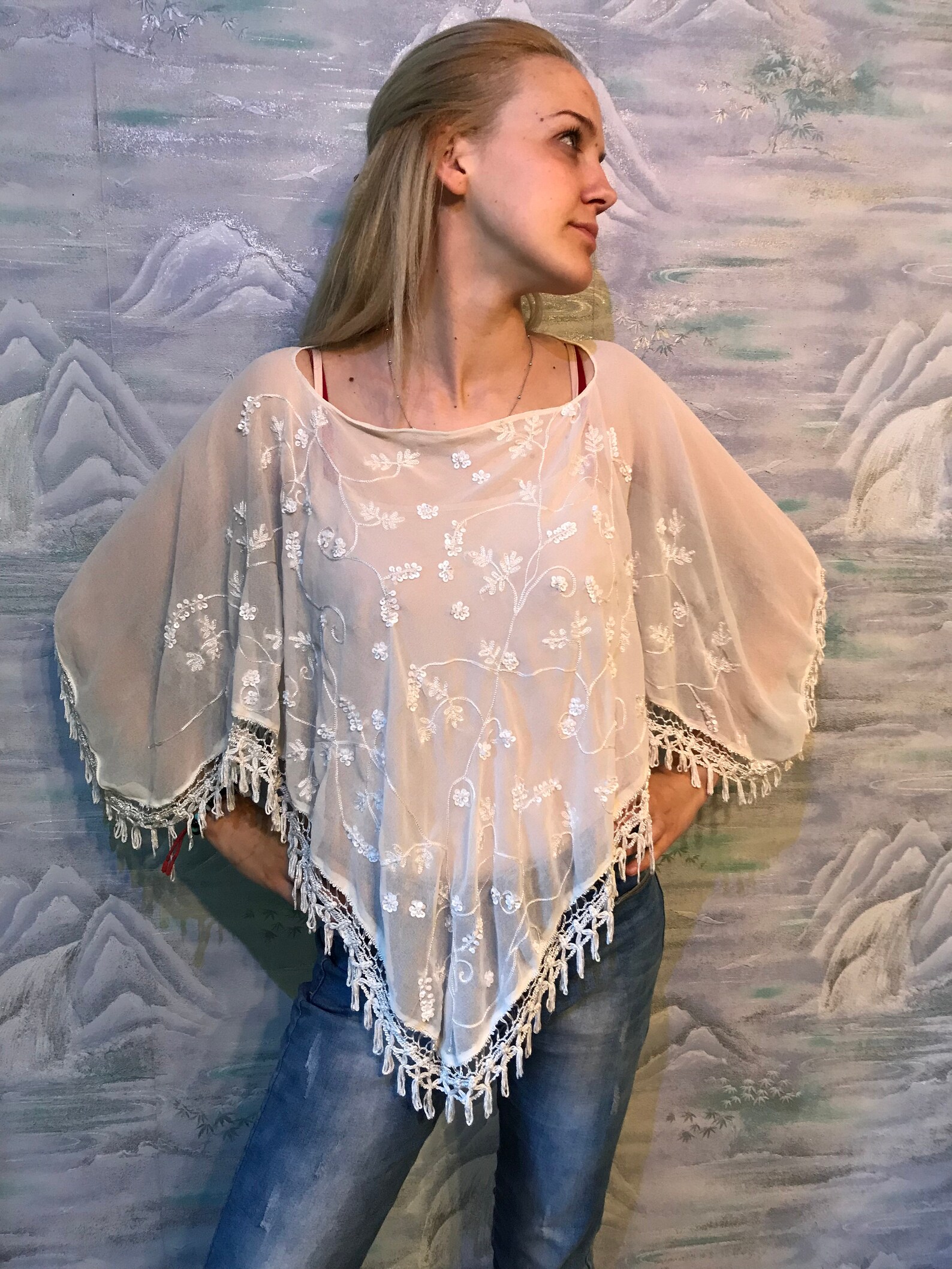 Download Vintage Ivory White Embroidered Sheer crochet Scarf Sheer ...