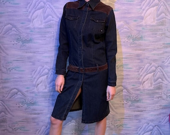 Vintage 90's Dark Brown Corduroy and Denim Dress Long Sleeveless Corduroy Button Up Dress Large Size