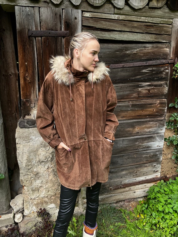 Suade Leather Brown Parka Jacket Vintage Suede Women Jacket Winter